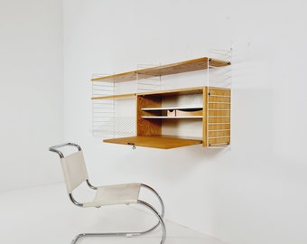 Wall-mounted original Swedish string shelf-system, bookcase cabinet Oak by Nils & Kajsa Strinning, 1960s