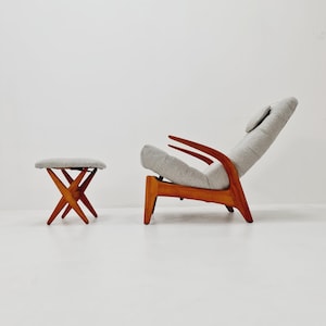 Mid Century Solid cherry wood lounge chair/ Easy chair by Rolf Rastad & Adolf Relling For Goldfeder with Adjustable Ottoman, 1960s