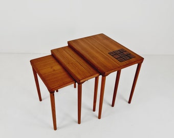 Midcentury Danish teak + ceramic nesting tables/ side tables by Salin Möbler, 1960s