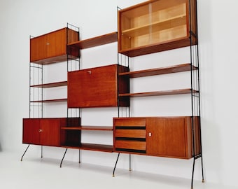Freestanding string shelf-system unit bookcase teak & metal by Koch Möbel Germany, 1950s