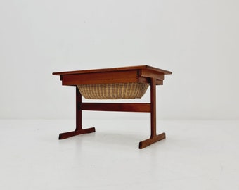 Vintage Danish teak and rattan sewing table/ side table cabinet by Kai Kristiansen for Vildbjerg, 1960s