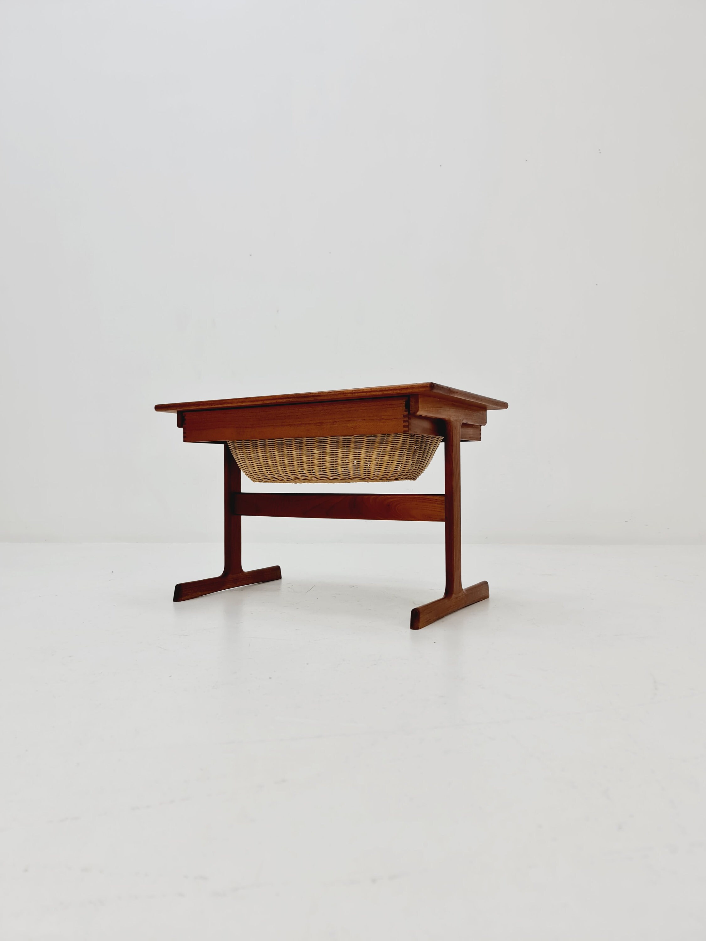 Vintage Danish Teak and Rattan Sewing Table/ Side Table Cabinet by 