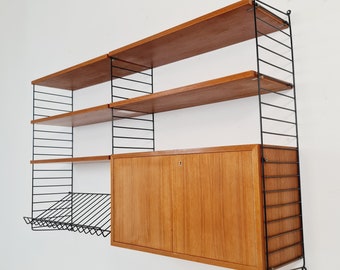 Wall-mounted original Swedish string shelf system, drawers, bookcase teak by Nils & Kajsa Strinning, 1960s