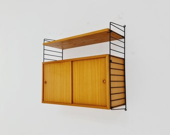 Wall-mounted original Swedish string shelf-system, , bookcase teak by Nils & Kajsa Strinning, 1960s