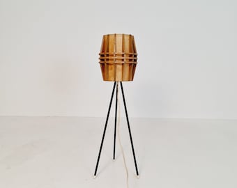 Mid century German tripod floor lamp pine wood veneer & metal, 1970s