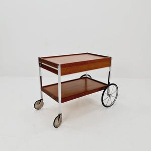 Vintage German BauHaus trolley bar cart in Rosewood & Chrome with drawer, 1960s