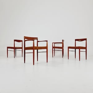 Danish teak & congac faux leather fabric dining chairs by H. W. Klein for Bramin, 1960s, set of 4