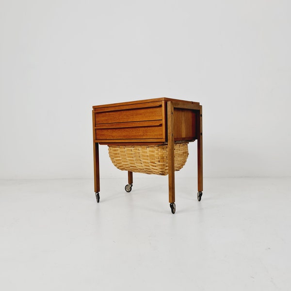 Vintage German Teak & rattan sewing table, nightstand, 1960s