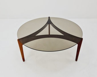 Vintage wood and glass coffee table By Sven Ellekaer for Christian Linneberg 1960s