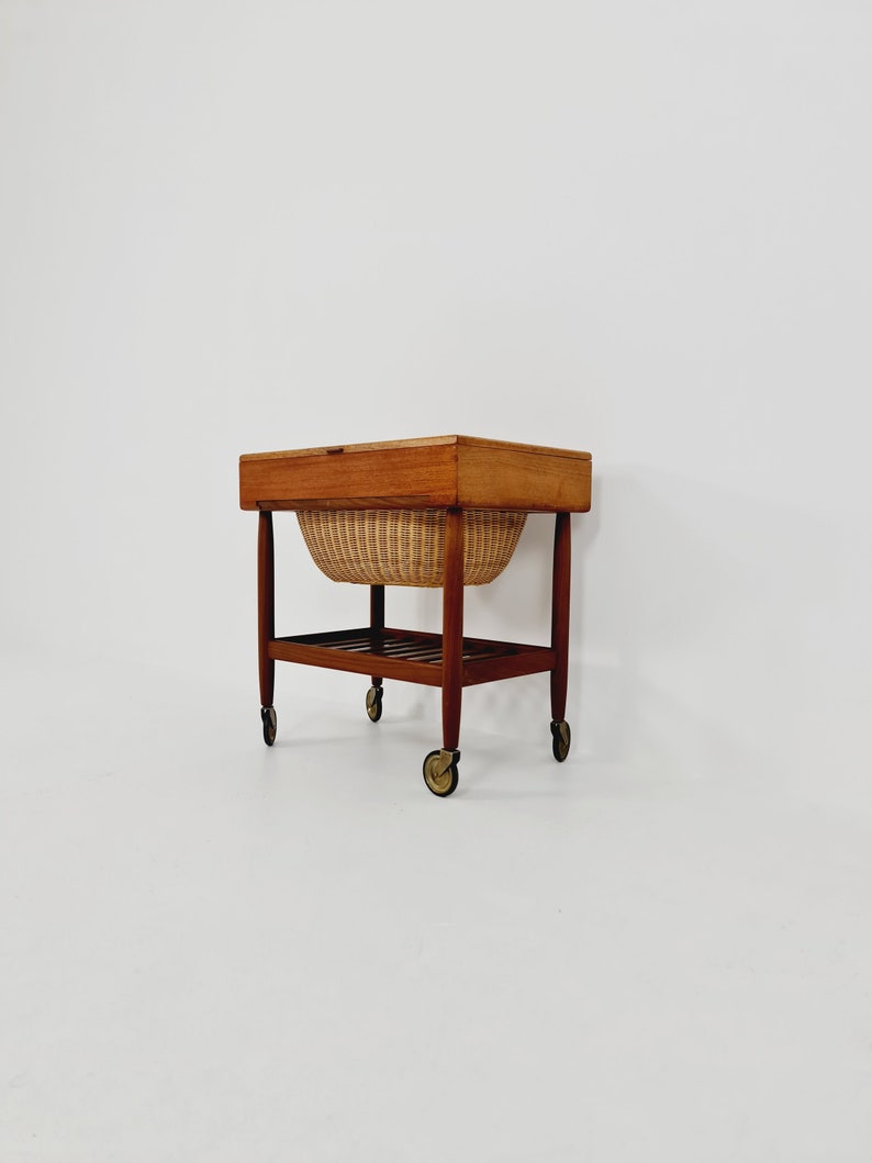 Vintage Danish teak and rattan sewing table/side table cabinet By Ejvid A.johansson for Uitze, 1960s image 1