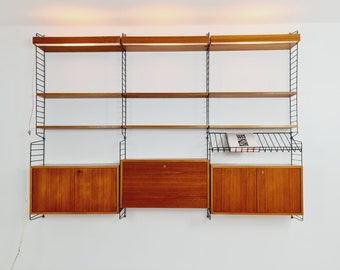 Wall-mounted original Swedish string shelf-system, bookcase teak by Nils & Kajsa Strinning, 1960s