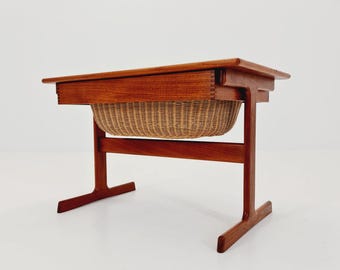 Vintage Danish teak and rattan sewing table/ side table cabinet By Kai Kristiansen for vildbjerg, 1960s