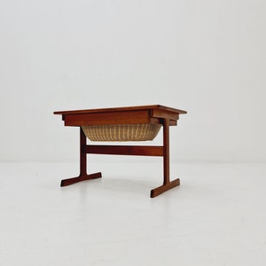 Vintage Danish teak and rattan sewing table/ side table cabinet by Kai Kristiansen for Vildbjerg, 1960s image 2