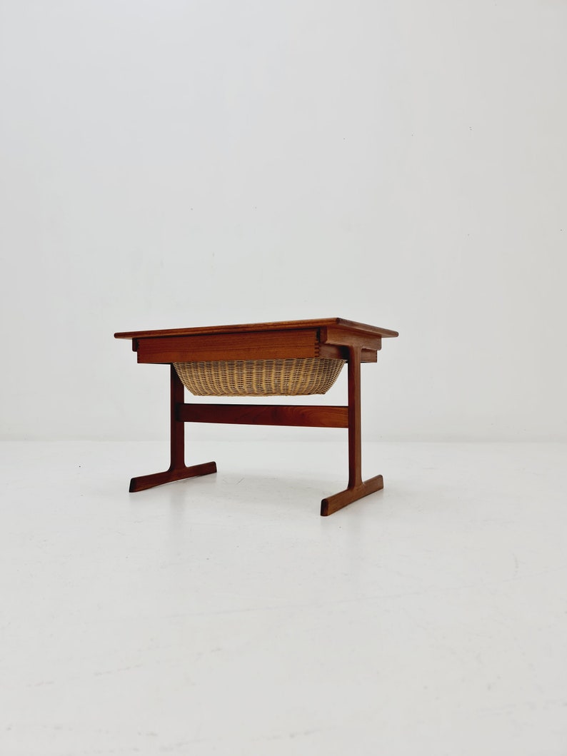 Vintage Danish teak and rattan sewing table/ side table cabinet by Kai Kristiansen for Vildbjerg, 1960s image 2