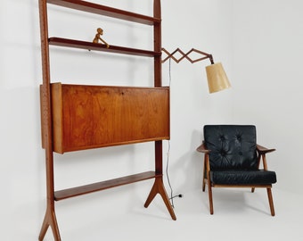 Vintage teak MCM Free Standing Shelving Unit, secretary by Arne Hovemand Olsen, 1960s