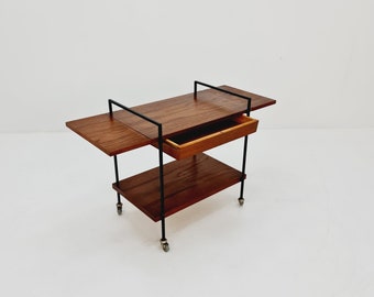 Vintage Danish mid century Extandable trolley bar cart in teak & metal with drawer , 1960s