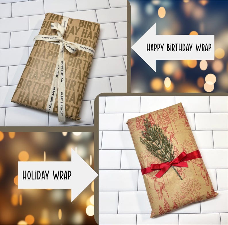 The image is a collage of three images, each depicting a different type of birthday wrap. The first image shows a gift wrapped in brown paper with a white ribbon, the second image shows a gift wrapped in red paper with a red ribbon, and the third image shows a gift wrapped in brown paper with a red ribbon and a small pine tree.