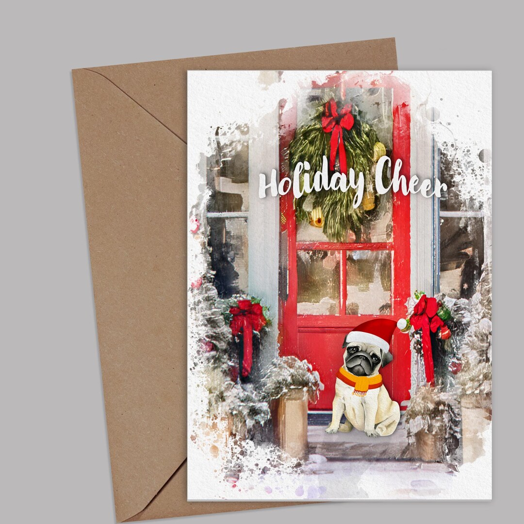 Pug Christmas Card, Holiday Cards With Dogs, Retro Watercolor, Dog Mom ...