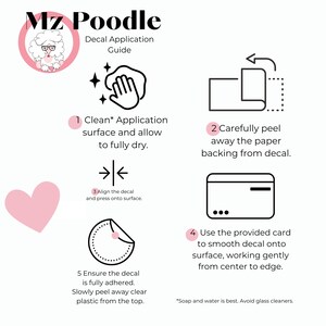 Może przedstawiać: Instrukcja naklejania kalkomanii z instrukcjami. Przewodnik zawiera ponumerowane kroki z ilustracjami: czyszczenie powierzchni, odklejanie podkładu, wyr&oacute;wnywanie kalkomanii, wygładzanie kalkomanii i usuwanie przezroczystego plastiku. Przewodnik jest oznaczony tekstem "Mz Poodle".