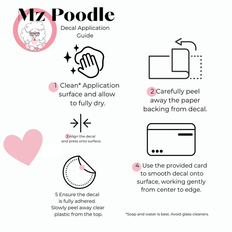 Może przedstawiać: Instrukcja naklejania kalkomanii z instrukcjami. Przewodnik zawiera ponumerowane kroki z ilustracjami: czyszczenie powierzchni, odklejanie podkładu, wyr&oacute;wnywanie kalkomanii, wygładzanie kalkomanii i usuwanie przezroczystego plastiku. Przewodnik jest oznaczony tekstem "Mz Poodle".