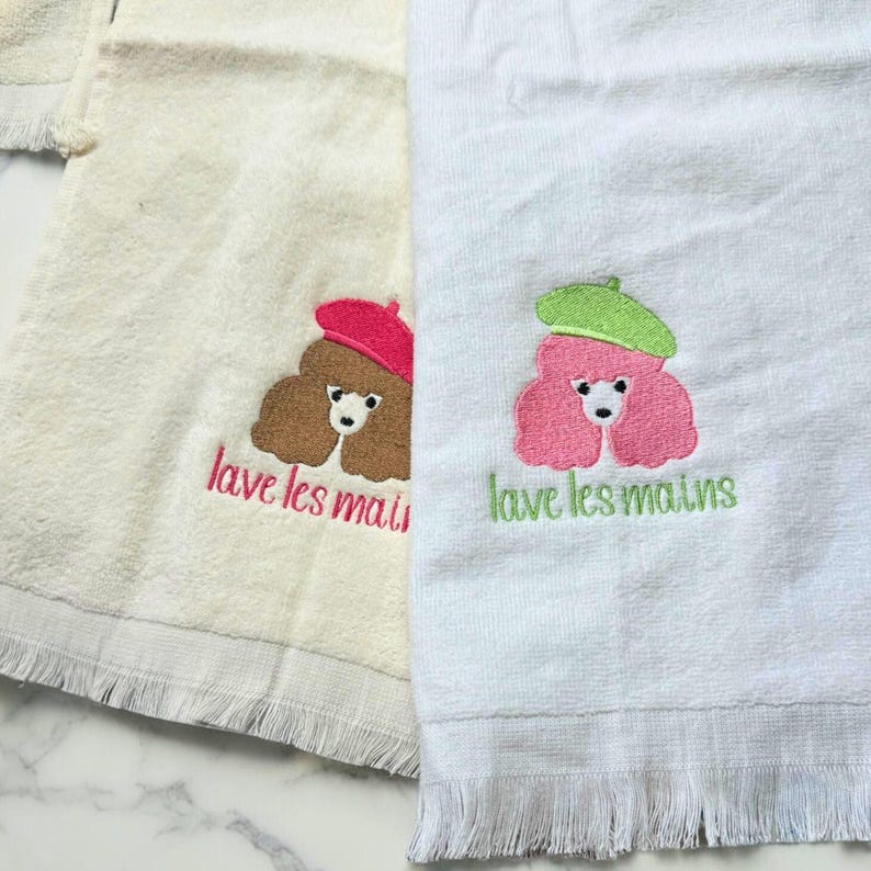 Embroidered French Poodle Fingertip Towel: "Lave les Mains" Cotton Guest Towel image 7