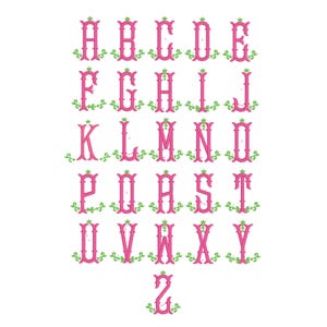 the letters of the alphabet in a decorative, ornate font with pink and green accents.