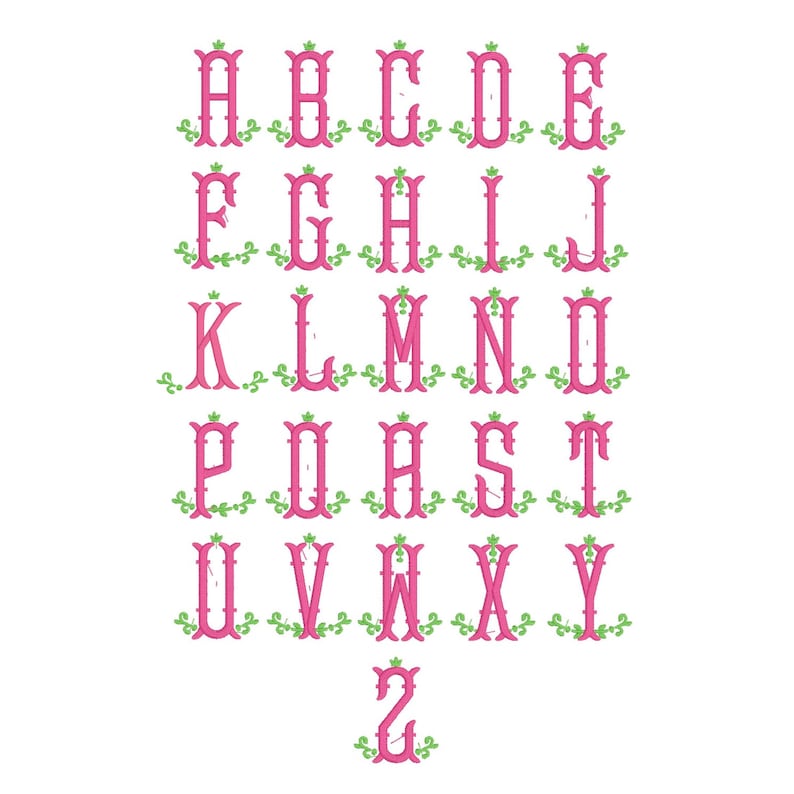the letters of the alphabet in a decorative, ornate font with pink and green accents.