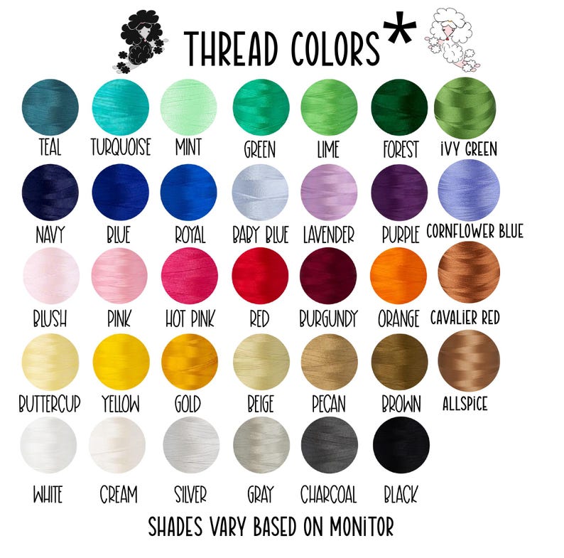 a collection of 24 different thread colors, each with a unique shade, arranged in a grid format. The text above the image reads "THREAD COLORS *", and the bottom of the image states "SHADES VARY BASED ON MONITOR".