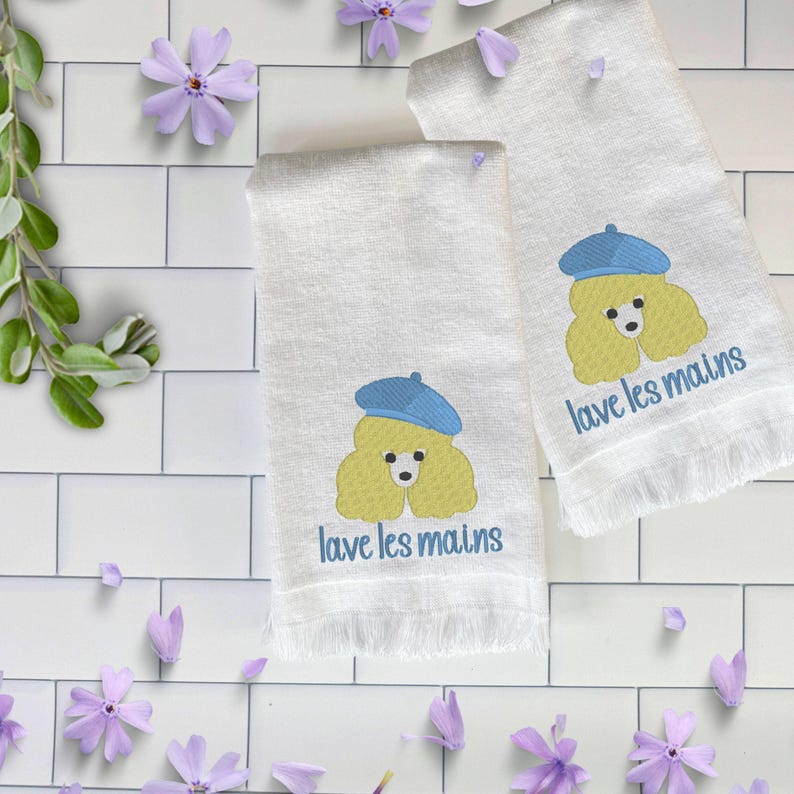 Embroidered French Poodle Fingertip Towel: "Lave les Mains" Cotton Guest Towel image 8