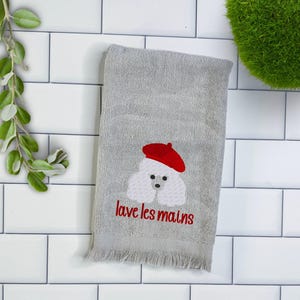 Embroidered French Poodle Fingertip Towel: "Lave les Mains" Cotton Guest Towel image 1