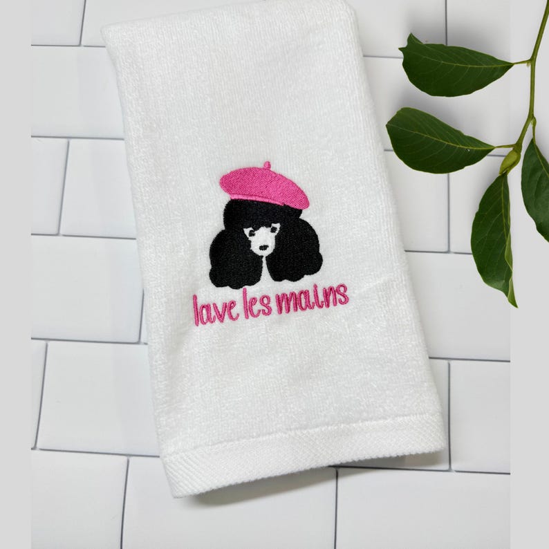 Embroidered French Poodle Fingertip Towel: "Lave les Mains" Cotton Guest Towel image 5