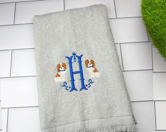 Embroidered Cavalier Puppy Fingertip Towel: Monogrammed Dog Lover Gift