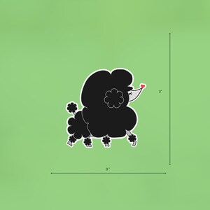 May include: Black and white cartoon illustration of a poodle with a red heart on its nose. The poodle is 7.6 cm tall and 7.6 cm wide.