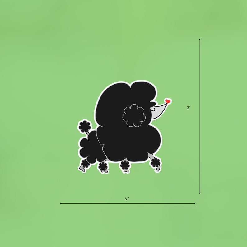 May include: Black and white cartoon illustration of a poodle with a red heart on its nose. The poodle is 7.6 cm tall and 7.6 cm wide.