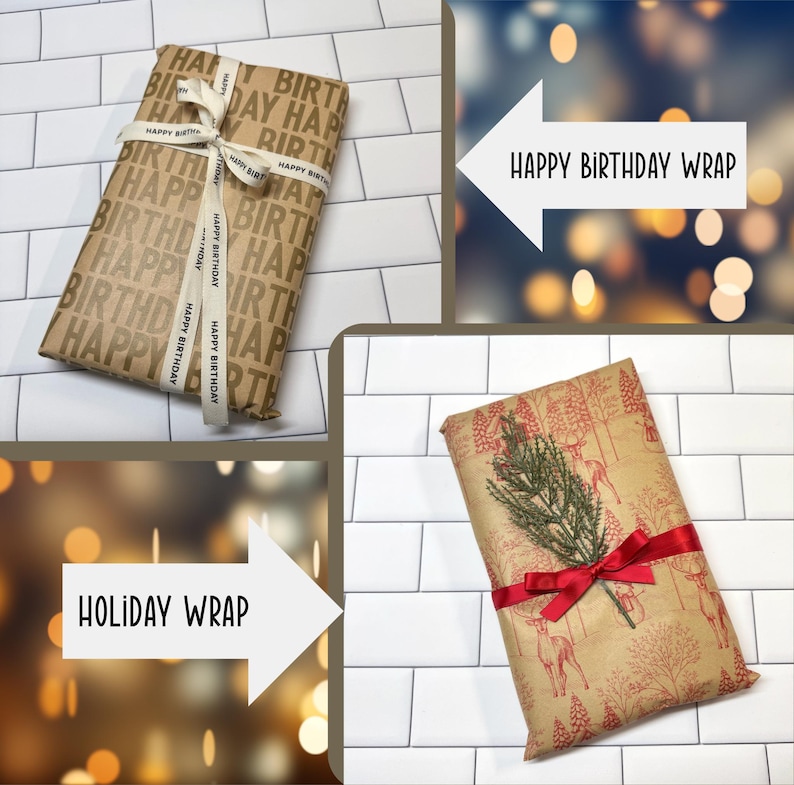 The image is a collage of three images, each depicting a different type of birthday wrap. The first image shows a gift wrapped in brown paper with a white ribbon, the second image shows a gift wrapped in red paper with a red ribbon, and the third image shows a gift wrapped in brown paper with a red ribbon and a small pine tree.