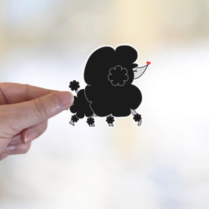 May include: Black and white cartoon illustration of a poodle with a red heart on its nose.
