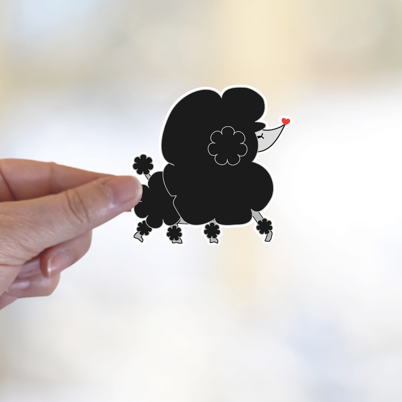 May include: Black and white cartoon illustration of a poodle with a red heart on its nose.