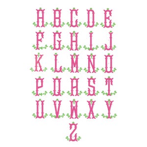May include: A complete set of twenty-six uppercase letters from A to Z, rendered in a bold pink font. Each letter is embellished with a small, light green vine-like decorative element featuring leaves at the base of every character.