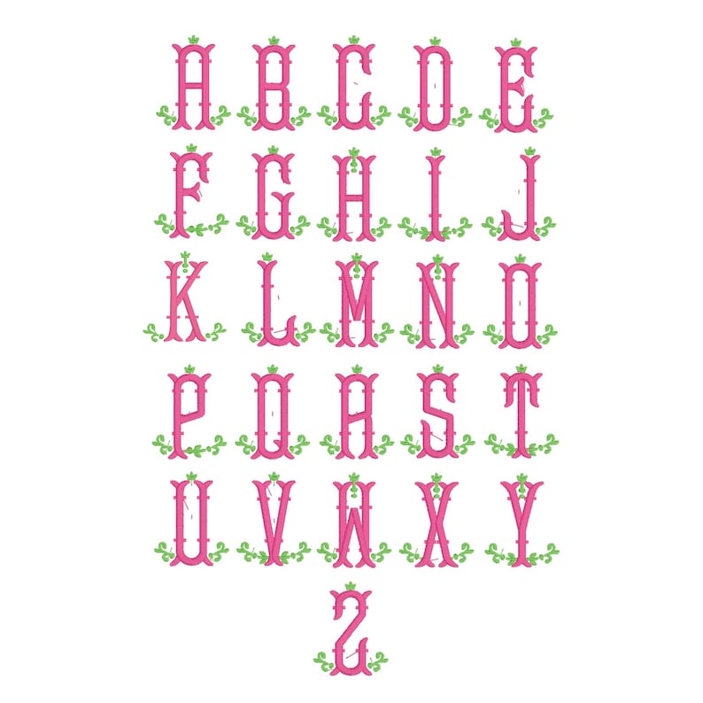 May include: A complete set of twenty-six uppercase letters from A to Z, rendered in a bold pink font. Each letter is embellished with a small, light green vine-like decorative element featuring leaves at the base of every character.