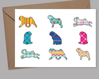 Colorful Patterned Pug Greeting Card: Dog Lover Gift