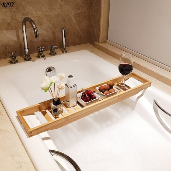 White Bamboo Wood Bathtub Shelf Tray Organiser Bath Tub Rack Caddy Tidy Holder