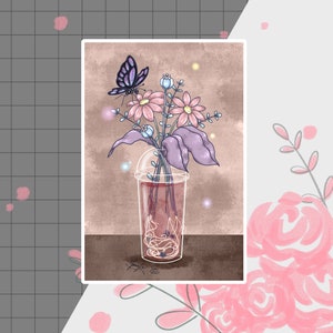 Postcard | Boba Postcard, Aesthetic Postcards, Floral Postcard, Cute Butterfly Postcard, Cute Kawaii Postcard