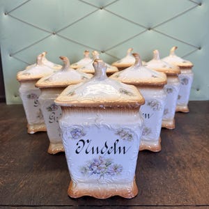 Può includere: Un gruppo di barattoli antichi in ceramica con coperchi. I barattoli bianchi hanno bordi marroni, decorazioni floreali e la parola "Nudeln" in nero. Sono disposti su una superficie di legno scuro.