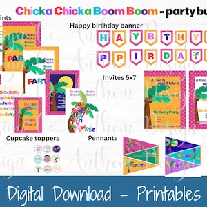 May include: A Chicka Chicka Boom Boom party bundle digital download featuring 8x11 prints, a happy birthday banner, 5x7 invites, cupcake toppers, and pennants. The colorful set includes palm tree graphics, alphabet letters, and text.