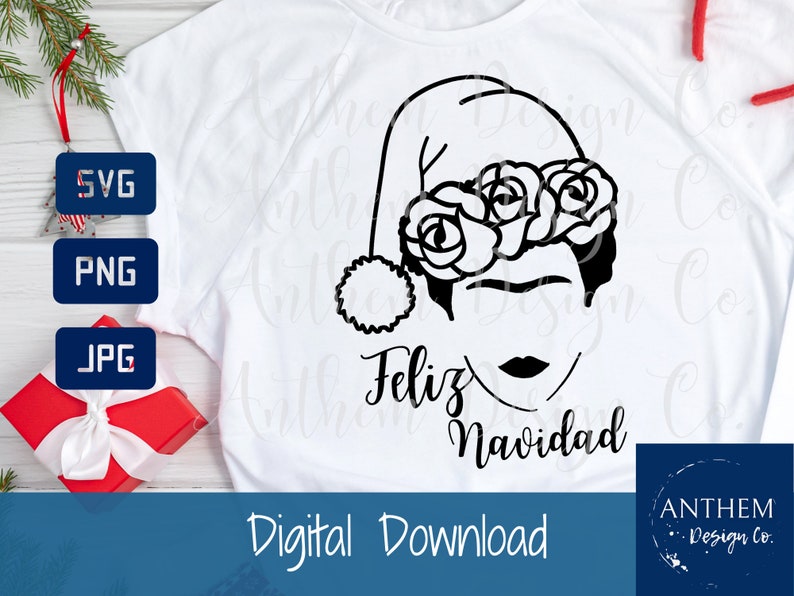 May include: Black and white digital design featuring a woman wearing a Santa hat with a flower crown and the text "Feliz Navidad".