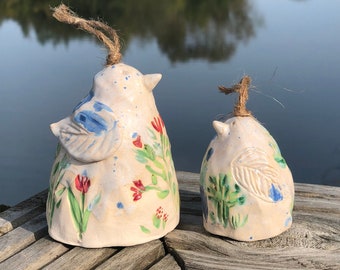 Mother & child bells, two ceramic birds, handmade ceramic sculpture