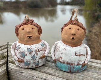 Mr & Mrs Heart, two ceramic bells, handmade ceramic sculpture