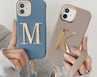 Personalized Faux Leather Luxury Gold Initial Case with Wristband for iPhone 15/14/13/12/11/Pro/Pro Max/Plus - Custom Shockproof Phone Cover
