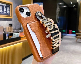 Personalized Faux Leather Wallet/Card Case & Strap - iPhone 15/14/13/12/11/Pro Max/Plus/Mini/XS/XR - Custom Name/Initials in Gold/Diamonds