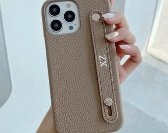 Personalized Faux Leather iPhone Case & Strap - iPhone 15/14/13/12/11/Pro/Pro Max/Plus - Custom Gold or Silver Initials - Shockproof Cover